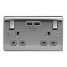 BG Nexus Brushed Steel Usb Double Switched Socket Grey Inserts